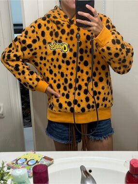 Cheetos Leopard Print Sherpa Hoodie Size S Y2K Cozy Fleece Pullover
